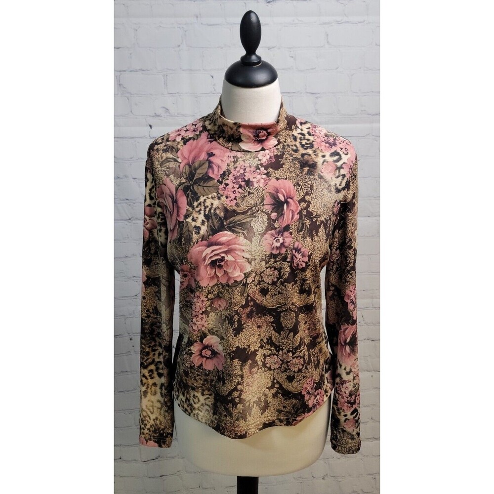 Vintage Conrad C Petite Turtleneck Blouse Animal Print with Pink Roses size PL